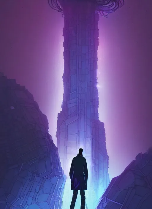 Image similar to comic book art of a [ man ] in trenchcoat with ( glowing ) [ gloves ] and [ boots ] in a [ jungle ] looking up at a [ tower ] extending into the sky made of crystalized glowing rock,, low angle, artstation illustration, elegant, cyberpunk, volumetric fog, arcane by tim doyle