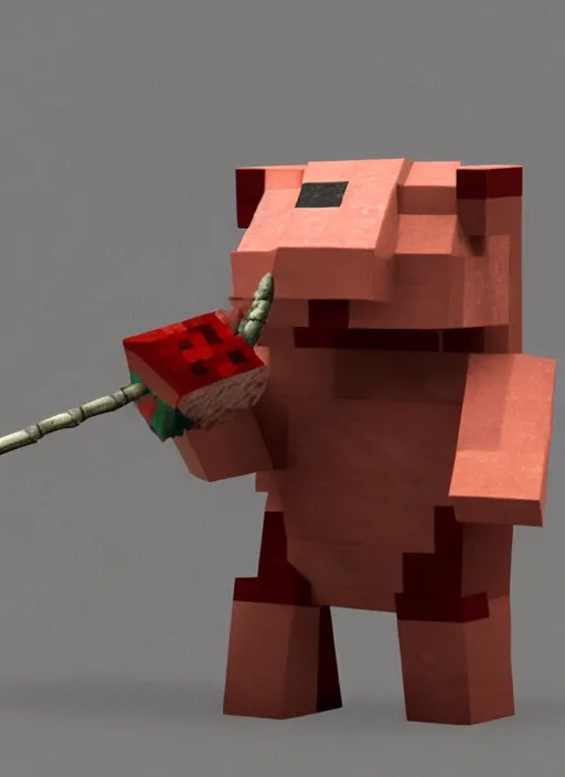 Prompt: pig from minecraft standing upright wearing iron armor and holding a sword, 3 d render, blender, trending on cgsociety