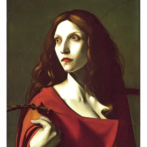 Image similar to half - length portrait of beautiful witch circe in the odyssey, art by petrus christus, caravaggio, leonardo da vinci