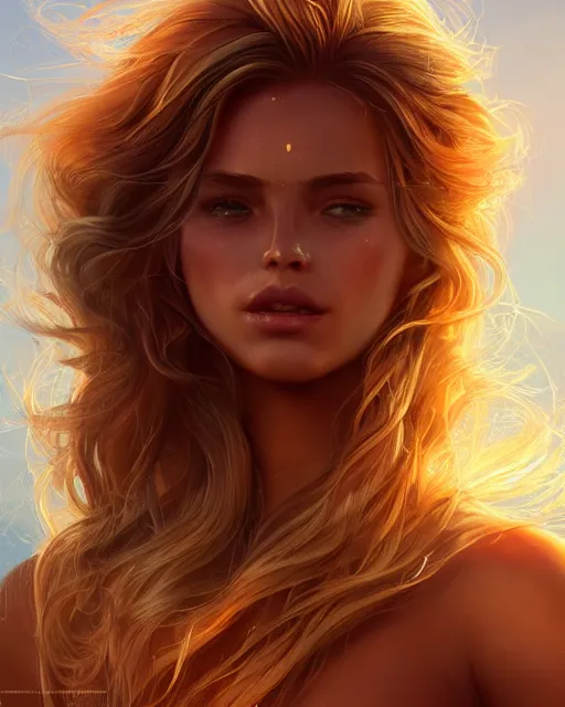 Prompt: summer vibes, beautiful sun tanned goddess, flowy golden hair, sun, summer, cinematic lighting, highly detailed, digital painting, trending on artstation, pixiv, concept art, sharp focus, illustration, art by ross tran and wlop