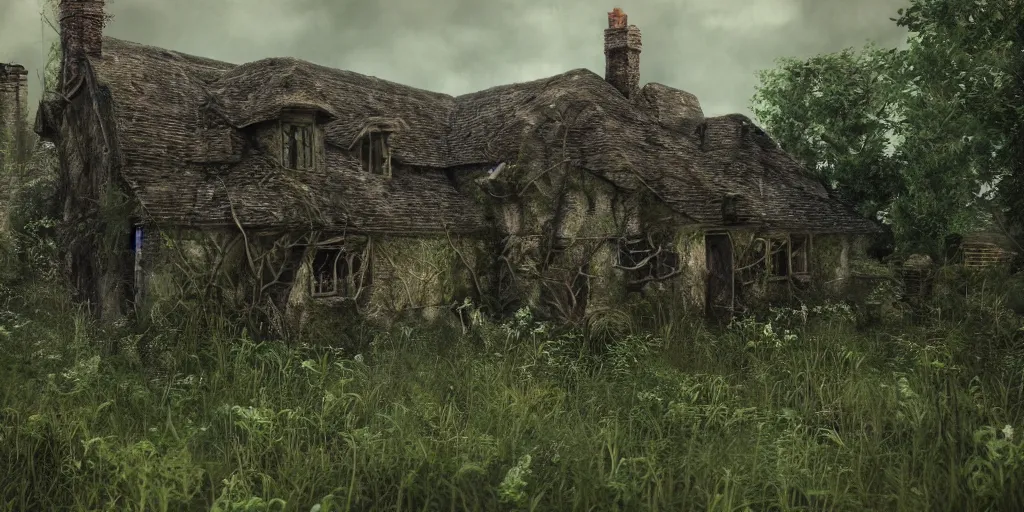 Prompt: photorealistic, ruined english cottage, overgrown vegetation, apocalypse, shadowy lurking creatures, hyperrealistic, grimdark, artstation