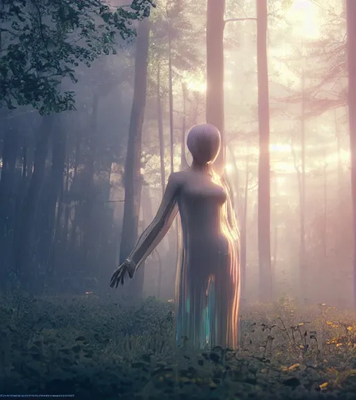 Prompt: daydreaming of the maiden with fuidity transparent dress in the blockchain cyberpunk forest by maciej kuciara, majestic light, octane render, fog, ethereal glare of the sun, rainbow rain, volumetric lighting, hyperealistic, epic, masterpiece