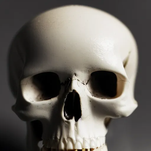 Image similar to a tiny, pristine white human Skull, plain black background, close-up macro photography, bokeh, shallow focus