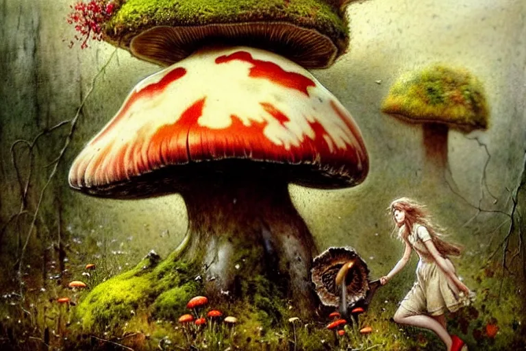 Image similar to adventurer ( ( ( ( ( 1 9 5 0 s retro future forrest of giant mushrooms, moss and flowers. muted colors. ) ) ) ) ) by jean baptiste monge!!!!!!!!!!!!!!!!!!!!!!!!! chrome red