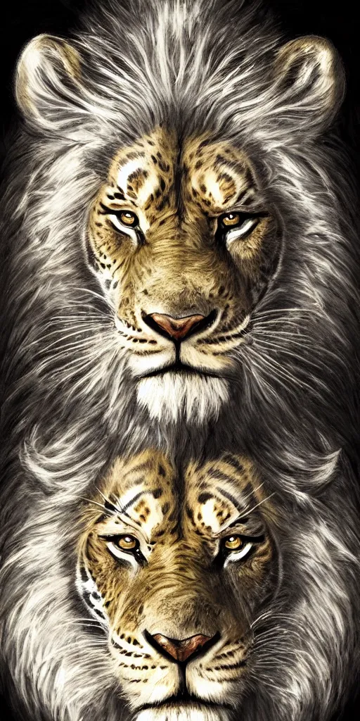 Image similar to King of Tiger, lion crown, contrast atmosphere, majestic, symmetrical face, artgerm, wing of shark, portrait, detailed leopard colors, artstation, tanuki, character concept art, border and embellishments inspiried by Yoshitaka Amano