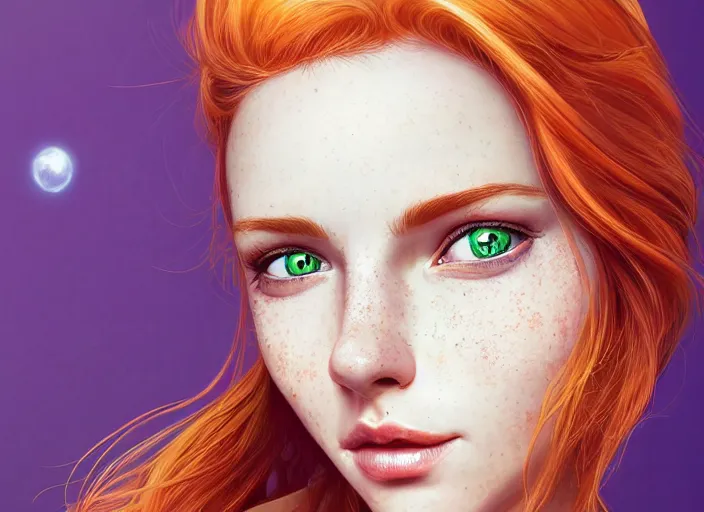 Image similar to portrait of a beautiful smiling girl with orange hair and freckles, green eyes, intricate, elegant. highly detailed, digital painting, artstation, concept art, smooth, sharp, focus, illustration. background is purple, art by artgerm and Ross Tran