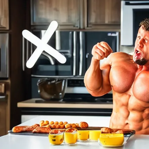 Prompt: Photo of a bodybuilder having a fit in the kitchen, slamming the frying pan onto the stove, eggs and sausage flying into the air.