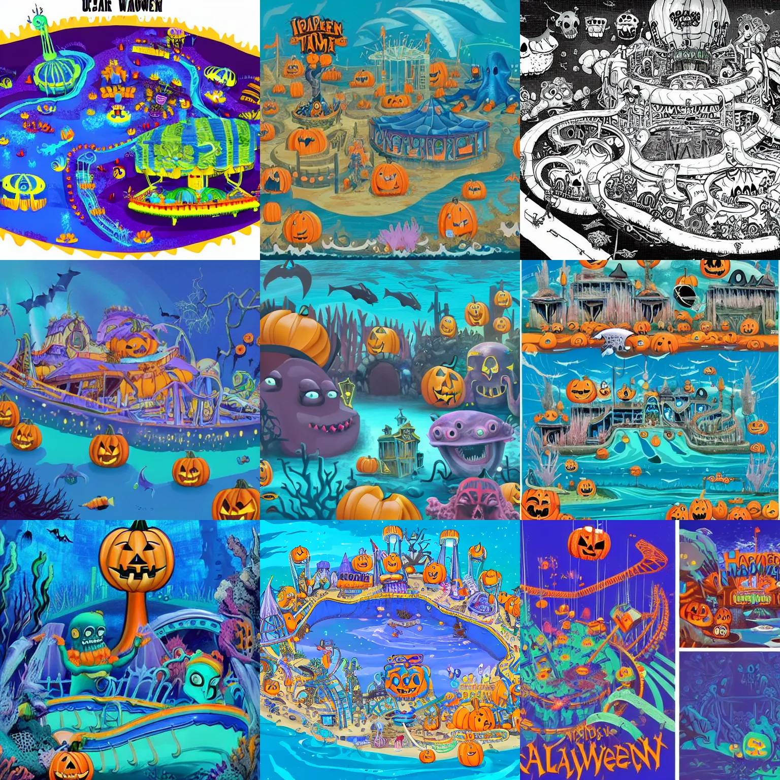Prompt: a horror based underwater suburb based on an underwater amusement park that incorporates halloween and ocean elements in its design imagery, halloween decorations, atlantis, amusement park, spooky, amusement park attractions, deep sea, horror themed, fun, in the style of stephen silver and genndy tartakovsky