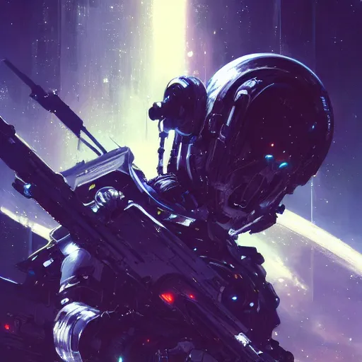 Image similar to bokeh, beautiful detail, stars in the sky, cybernetic, sci-fi space game art, jeon Jungkook holding a gun. alien planet art by Akihito Yoshitomi AND Yoji Shinkawa AND Greg Rutkowski, Mark Arian trending on artstation