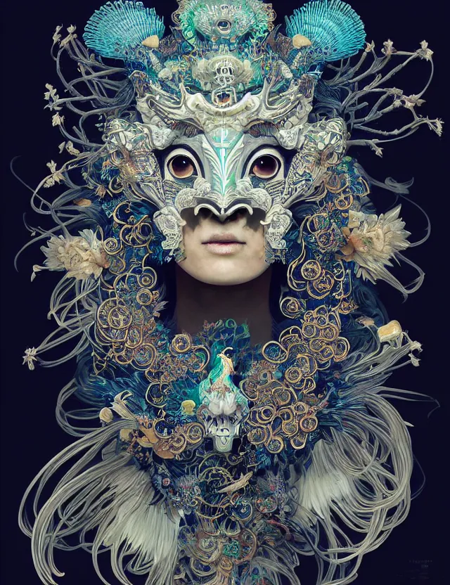 Image similar to goddess portrait with mask and crown made of ram skull. beautiful intricately detailed japanese crow kitsune mask and clasical japanese kimono. betta fish, jellyfish phoenix, bioluminescent, plasma, ice, water, wind, creature, super intricate ornaments artwork by tooth wu and wlop and beeple and greg rutkowski