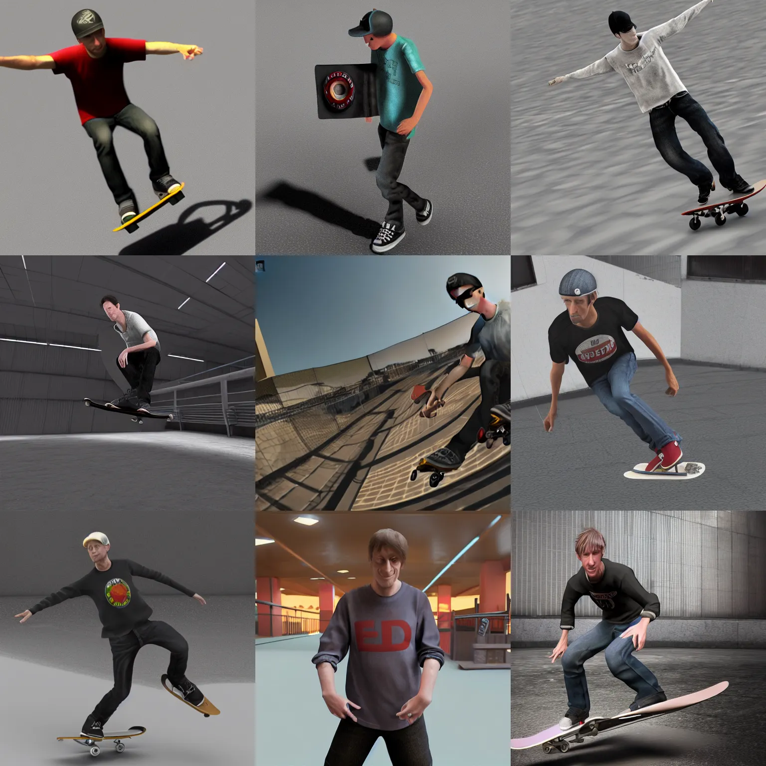 Prompt: tony hawk, 3 ds max animation, redshift render, realistic, cloth sim, fisheye, skater xl, skatrix 4 k