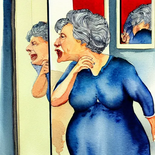 Image similar to a very funny comic style watercolor painting of a sweet fat old woman kissing her reflection. symmetrical face, red mouth, blue eyes. a flowered dress. a hyper - realistic scene. 3 d, octane processing, deep focus, white scene. a very funny and sweet picture. unreal engine. watercolor. fellini cinematic style. poster quality. freud painting style.