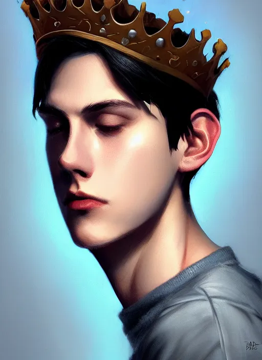 Image similar to portrait of teenage jughead jones wearing a light grey crown, photorealistic, crown, eyes closed, crown, black hair, intricate, elegant, glowing lights, highly detailed, digital painting, artstation, concept art, smooth, sharp focus, illustration, art by wlop, mars ravelo and greg rutkowski