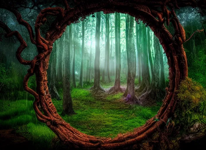 Image similar to photo of a portal to another magical world. Forest in the background. Fantasy magic style. Highly detailed 8k. Intricate. Nikon d850 55mm. Award winning photography.