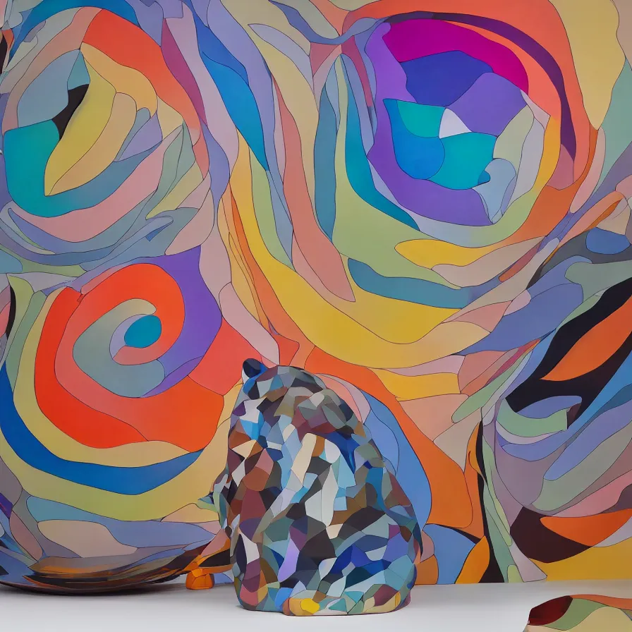 Prompt: beautiful gallery show studio photograph of a giant colorful ceramic sculpture of a chonky cat, glazed by bridget riley and victor vasarely, placed on a polished wooden table, hyperrealism 8 k trending on artstation