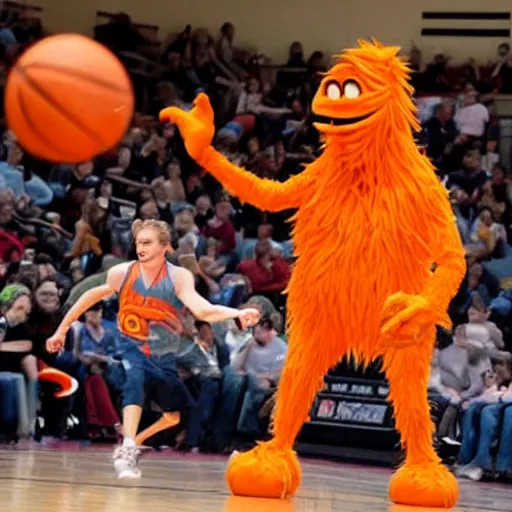 Image similar to a majestic friendly orange monster made of basketballs by pixar consumes a puny winpy cowboy at a basketball court