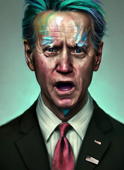 Image similar to Joe Biden as a transgender woman, maniac look, rainbow hair, ugly, gross, realistic, beta male, accurately portrayed, portrait art by Hieronymus Bosch and greg rutkowski, highly detailed, digital painting, concept art, illustration, transgender flag displayed, trending on artstation, very detailed, smooth, sharp focus, octane render, close up