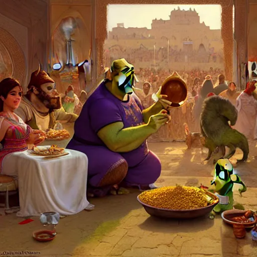 Prompt: shrek eats couscous with his family at a moroccan festival while everyone dances in joy, highly detailed, digital painting, artstation, concept art, sharp focus, illustration, art by greg rutkowski and alphonse mucha