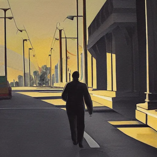 Image similar to ups deliveryman walking aline, glum feeling, down art deco highway, goliath statue support beams, ayn rand raised highway, filiment buld traffic lights, golden light, dark oil painting, global illumination