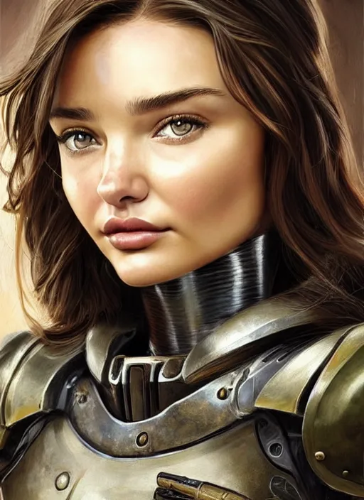 Image similar to a professional painting of a young Miranda Kerr, clothed in military armor, olive skin, long dark hair, beautiful bone structure, symmetrical facial features, intricate, elegant, digital painting, concept art, smooth, sharp focus, illustration, from StarCraft by Ruan Jia and Mandy Jurgens and Artgerm and William-Adolphe Bouguerea