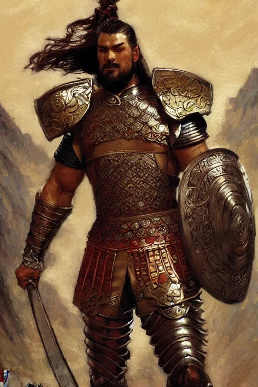 Image similar to attractive beefy male with armor, ancient china, three kingdoms, character design, painting by gaston bussiere, craig mullins, j. c. leyendecker, tom of finland