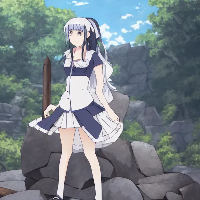 Image similar to high quality anime-style image of Hestia from Is It Wrong to Try to Pick Up Girls in a Dungeon wearing a plaid schoolgirl skirt and pigtails hair, standing outside a forbidden stone temple, 4k, digital art, wallpaper