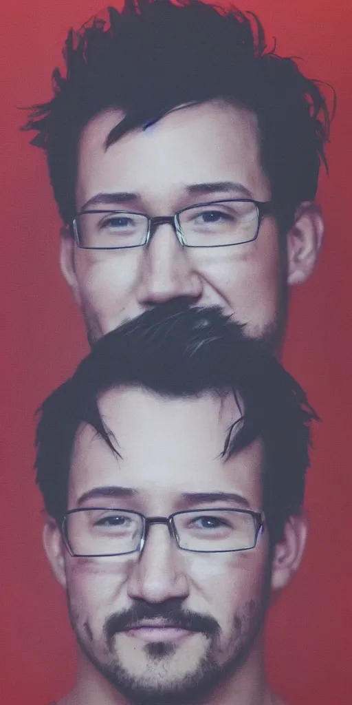 Image similar to “ a portrait of markiplier in a dark, foggy room, staring intently with an evil grin, and red eyes glowing the room ”