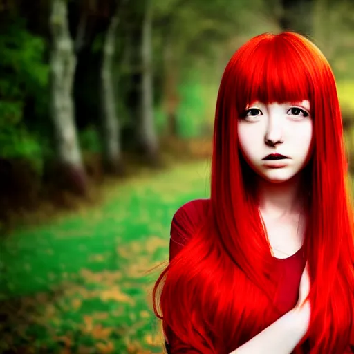 Image similar to anime girl with red hair, confused facial expression, in red dress, portrait, by sakimichan