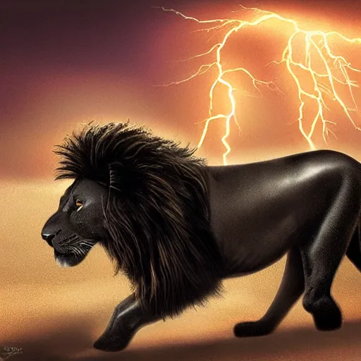 Prompt: portrait of a black lion with gold lightnings in the fur in the middle of the desert , concept art, huge scale, photorealistic, high details by Nick Nichols