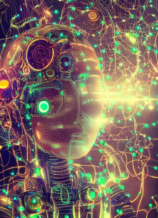 Prompt: intricate cyborg pilot girl with electromechanical robot parts, growing from motherboard wall, connected made of and covered with many colorful wires, featuring beautiful detailed machined crystal eyes glowing with nebula, background glowing game server powered by galaxies. backlit luminous shiny metallic