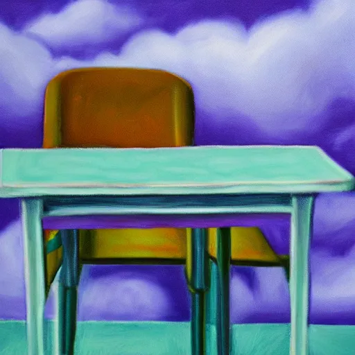 Image similar to realistic panting of a desk on a purple field blue clouds