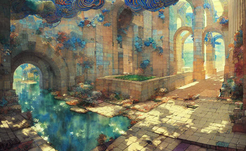 Image similar to tiled room squared waterway, aqueducts, fantasy. intricate, amazing composition, colorful watercolor, by ruan jia, by maxfield parrish, by marc simonetti, by hikari shimoda, by robert hubert, by zhang kechun, illustration, gloomy