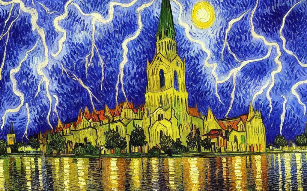 Image similar to atmospheric detailed expressionist oil painting of lightning storm over a tall gothic church, landscape painting, expressionism, blues, dramatic lighting, 8 k resolution detailed art, small brushstrokes, watercolor palette, painted by vincent van gogh