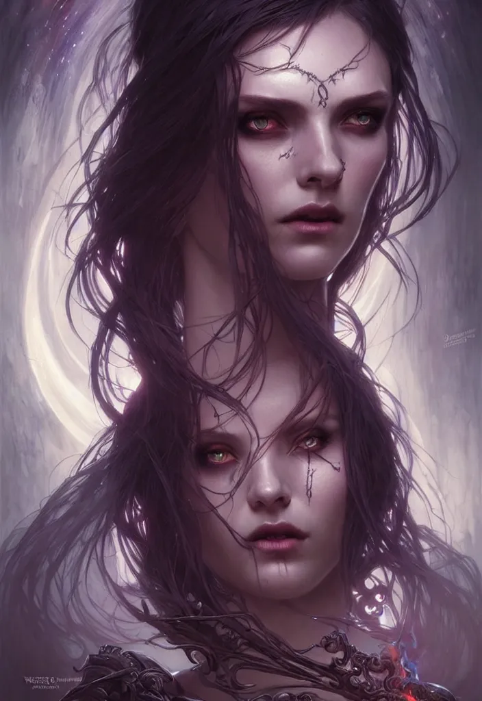 Prompt: Necromancer Sorceress face in center, fantasy magic, undercut hairstyle, dark light night, intricate, elegant, sharp focus, illustration, highly detailed, digital painting, concept art, matte, art by WLOP and Artgerm and Greg Rutkowski and Alphonse Mucha, masterpiece