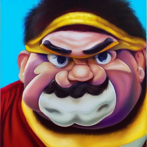 Image similar to wario from the mario series oil painted self - portrait ( greatly painted, beautifully painted by a renowned artist, greatly detailed. good quality painting, uhd, 4 k )