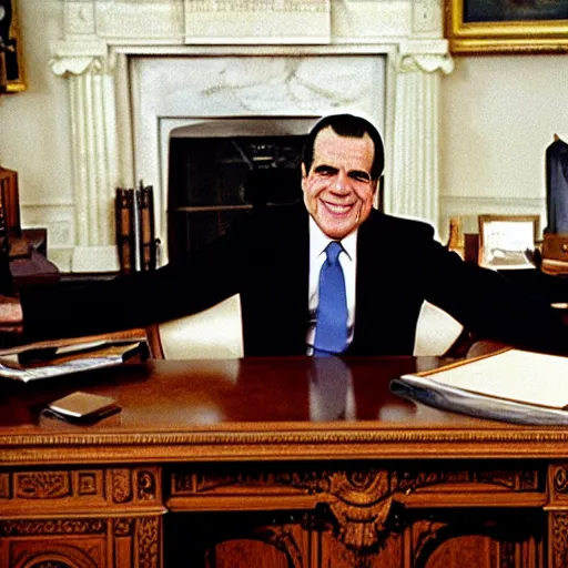 Prompt: Richard Nixon drunk in the oval office, photo