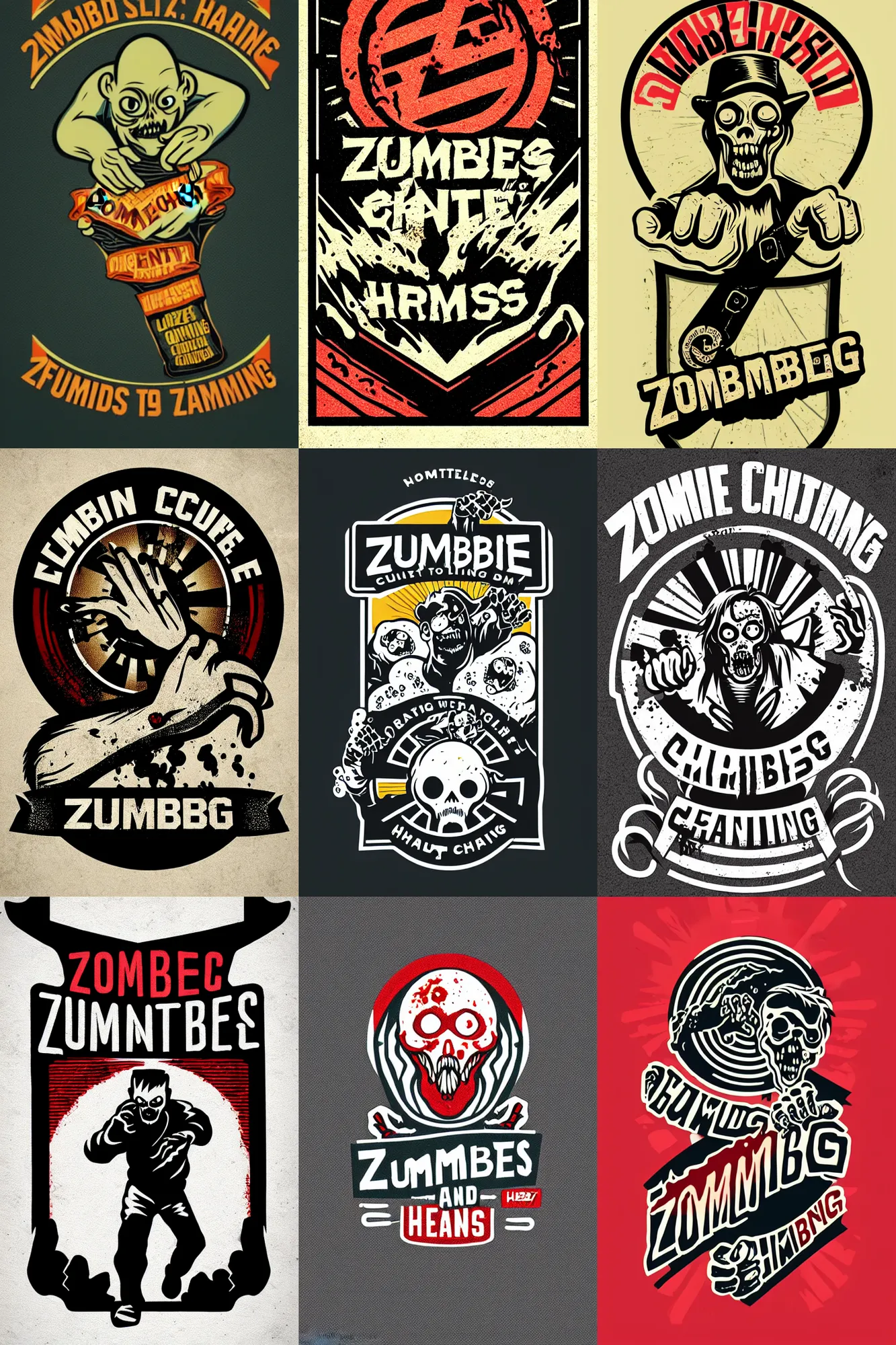 Prompt: logo design, zombie chasing hands out infront, patch logo, by mcbess, full colour print, gradients, 1 9 5 0 s, high detail spiral design