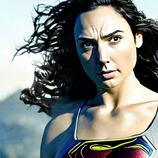 Image similar to an potrait of gal gadot play Man of Steel replacing Henry Cavill, photorealistic, high detail, photo studio, testing custom, 4k