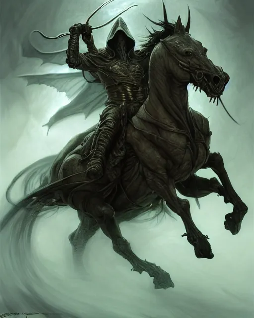 Prompt: concept art by artgerm, pestilence of the four horsemen of the apocalypse, soft green natural light, intricate, hooded death riding a horse, highly detailed dark art, digital painting, artstation, concept art, smooth, sharp focus, illustration, art by greg rutkowski and luis rollo and uang guangjian and gil elvgren, symmetry!