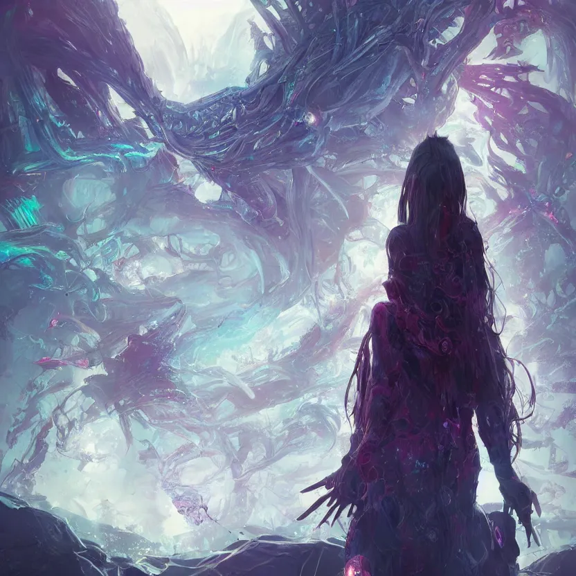 Prompt: a photorealistic rendering of # illustration, a portrait # megical # catalyst # queen in plague of dragons, # mist # horror # magic # spell, # digital 2 d, # sci - fi, # fututistic, by yoshitaka amano and alena aenami, trending on artstation, nvidia, matte painting, unreal engine
