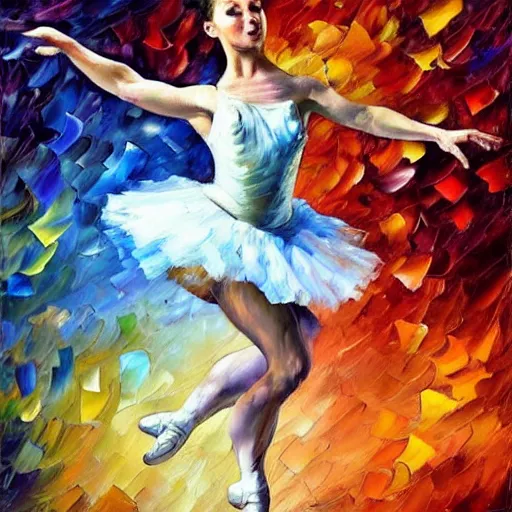 Image similar to palette knife oil painting of a leaping ballerina, extreme detail, style by leonid afremov and degas, artstation, artgerm, deviant art, octane, substance, art history, photo realistic