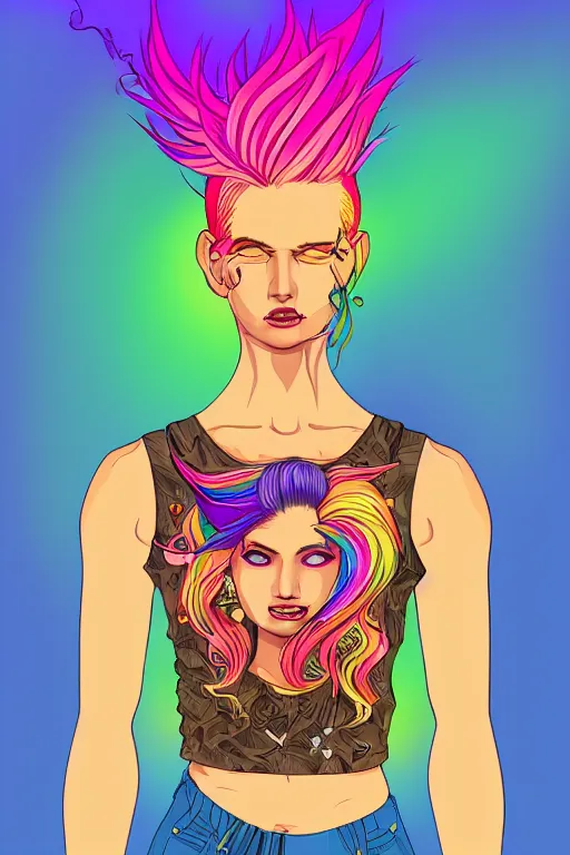 Image similar to a award winning half body portrait of a beautiful woman with stunning eyes in a printed croptop and cargo pants with rainbow colored ombre hairstyle head in motion and hair flying by josan gonzales, outrun, vaporware, shaded flat illustration, digital art, trending on artstation, highly detailed, fine detail, intricate