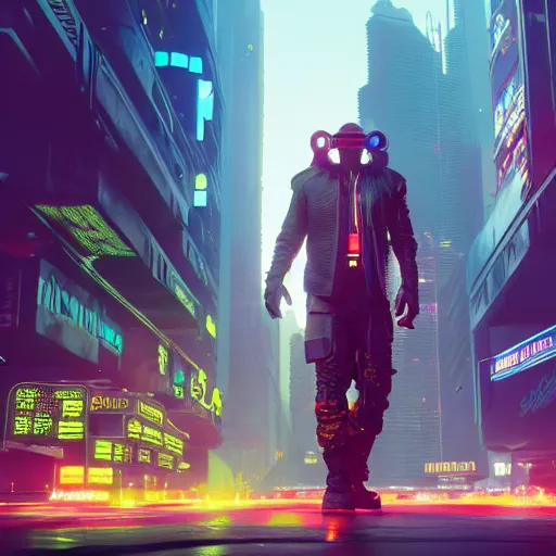 Prompt: cyberpunk Duck man with brain integrated with scifi city, rendered in arnold engine, high detailed, 8k, trending on artstation cyberpunk 2099 blade runner 2049 neon