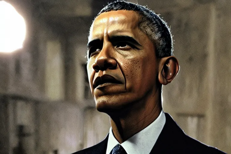 Image similar to a film still of Barack Obama in The Shawshank Redemption, dramatic lighting