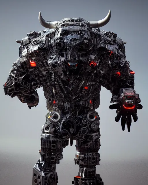 Image similar to a full body shot of an imposing cyborg ( bull ) modeled after a bull looking into the camera, android, cyborg, full body shot, intricate, 3 d, hyper realism, symmetrical, octane render, strong bokeh, fantasy, highly detailed, depth of field, digital art, artstation, concept art, cinematic lighting, trending