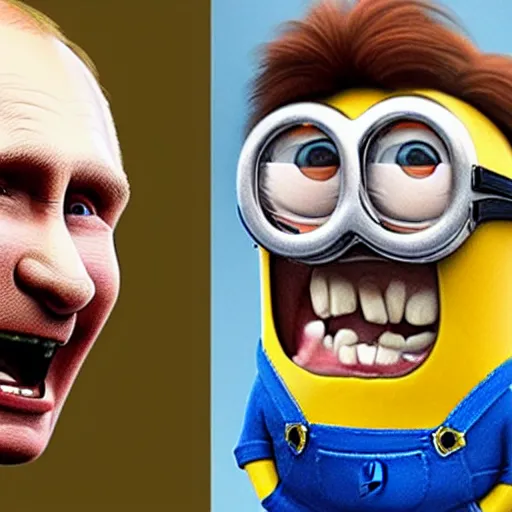 Image similar to vladimir putin biting a minion head, highly detailed