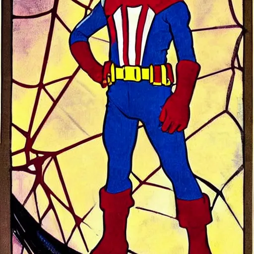Prompt: a little boy with a mischievous face and short ginger hair. he is dressed as captain america, spider - man, batman, captain marvel, a superhero. well composed, clean elegant painting, beautiful detailed face. by steve ditko and jack kirby and ( alphonse mucha )