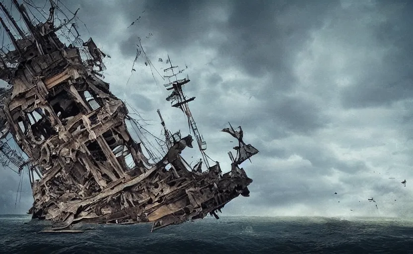 Prompt: “Pirate ship wreck falling from the sky, 4k, cinematic, award winning”