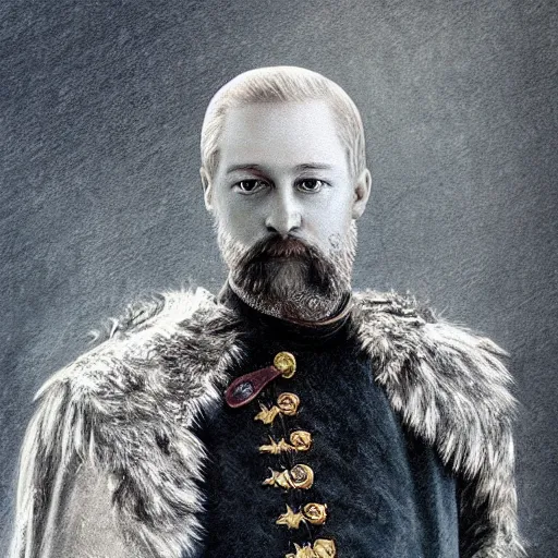 Prompt: Photo of Russian Tsar Nicholas 2 with dragon from game of thrones, photorealism,