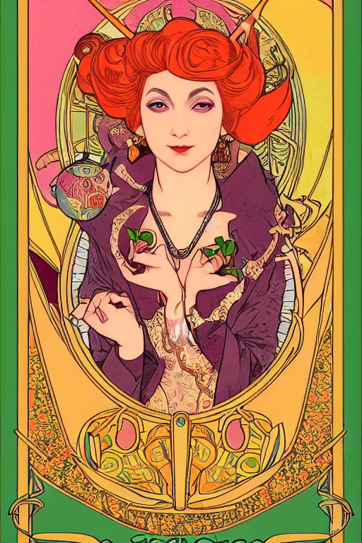 Prompt: full length portrait of princess peach art nouveau, tarot card by mucha, gaudy colors, sharp edges, octane render, intricate linework.